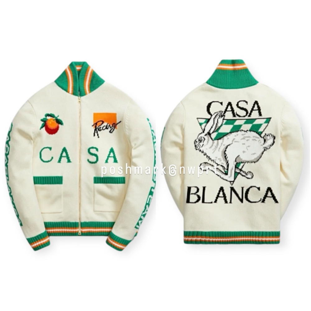 CASABLANCA 🐰 Casa Racing Knit Sweater Cardigan Off White Green Orange Rabbit XS - Picture 2 of 16